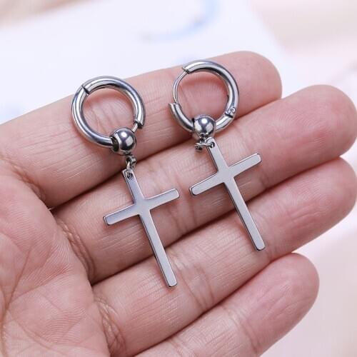 JUWANG 2021 Vintage Punk Bricons Cruz Hoop Earrings For Women Men Titanium Cross Dangle Earrings Fashion Jewelry Pendientes
