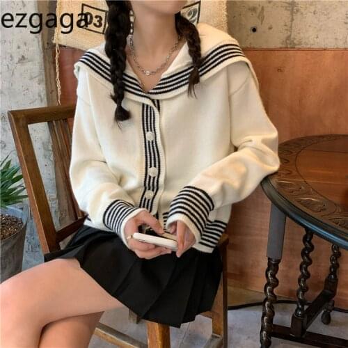 Ezgaga Knitted Cardigan Women College Style Sailor Collar Vintage Casual Knitted Sweater Outwear Long Sleeve All-Match Loose