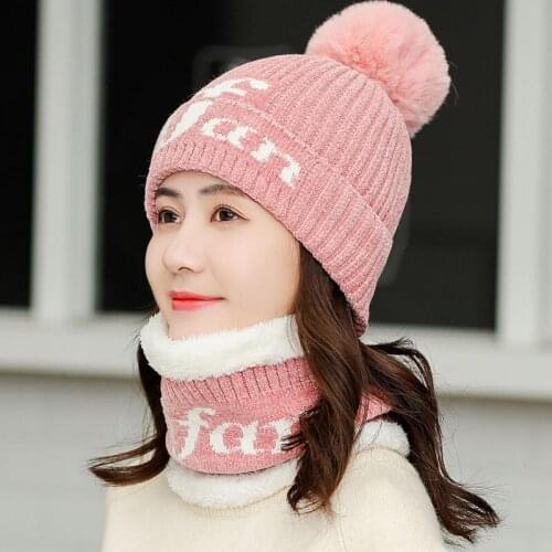 KENSHELLEY Winter Womens Plush Thickened Cycling Windproof And Warm Ear Protection Hat Cold Proof Knit Wool Bib Two-Piece set