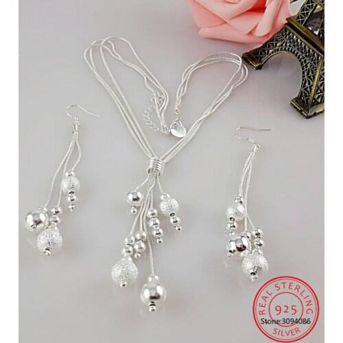 Silver 925 Jewelry Set Multi Layers Scrub Smooth Beads Necklace Drop Earrings For Women Fashion Wedding Jewelry