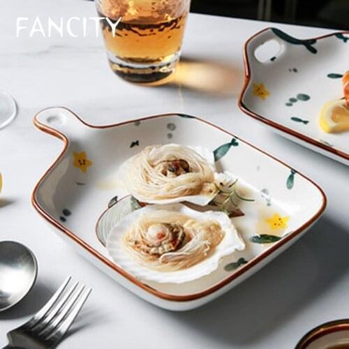 FANCITY Nordic style creative ceramic tableware irregular household fish dish dish round dish baking with handle net red baking
