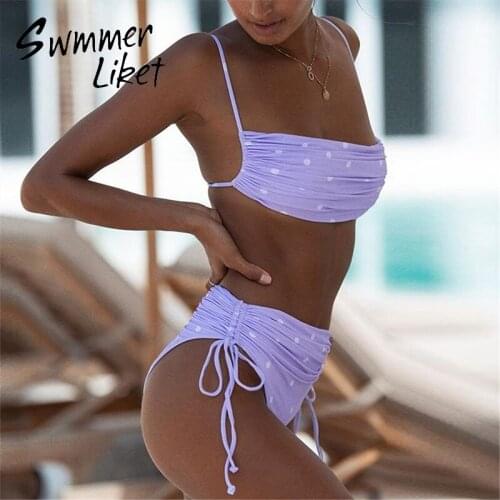 Polka dot swimsuit female Bandeau bikinis 2020 mujer Pleated swimwear women High waist bathing suit Summer bathers biquini new