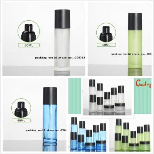 60ml frosted/green/blue/ glass pump bottle matte black lid for serum/lotion/emulsion/foundation/skin care cosmetic packing