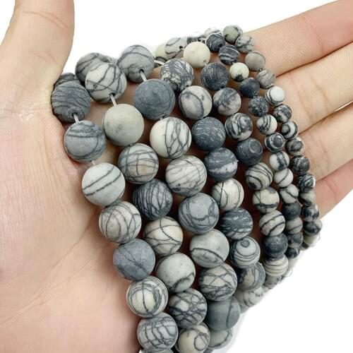 MKTREG Natural Polish Round Matte Black grid stone Stone 6 8 10 12 mm Ore ball Loose beads for jewelry bracelet DIYmaking 15