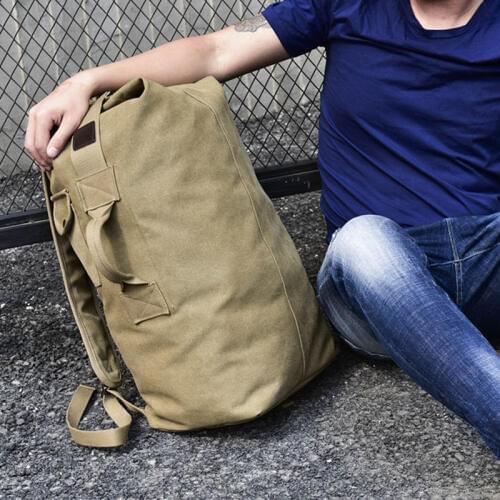 Mens backpack canvas bag large capacity bucket outdoor hiking travel bag classic mens bag student bag 15.6-inch laptop