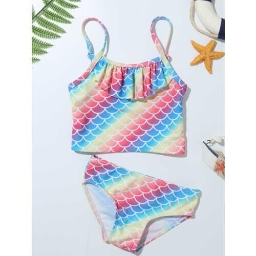 Toddler Girls Two Piece Swimsuit Bathing Suit Mermaid Split Bikini Swimwear Fish Scale Pattern Tankini Set Children Beachwear