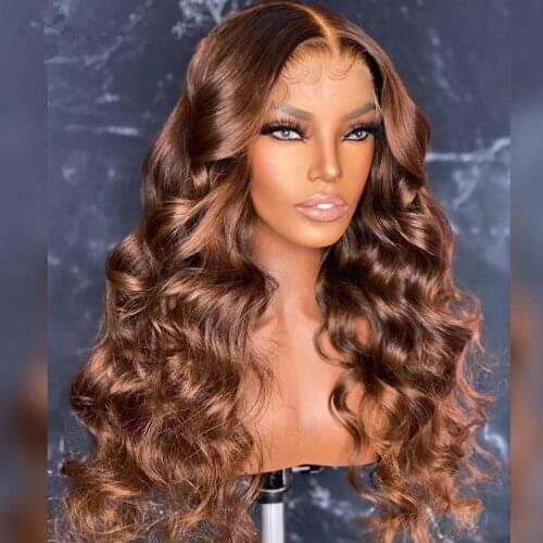 26Inch Long Body Wave Ombre Brown Lace Front Wig Baby Hair For Black Women Synthetic Heat Resistant Preplucked Daily Wave