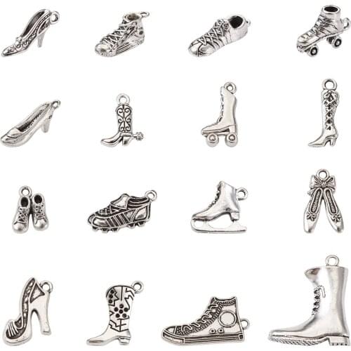 80Pcs 16 Styles Tibetan Style Alloy Pendants Shoes & Boot Antique Silver Color Charms for Necklace Earrings DIY Jewelry Making