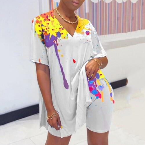 Plus Size White Sets For Women Club Outfits Printed Blouse & Short Pants Loose Fashion High Street Wear 2 Pieces Matching Sets