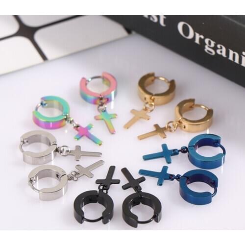 Titanium Steel Black Gold Silver Color Cross Stud Earrings for Men Women Jewelry Multicolor 5 Colors