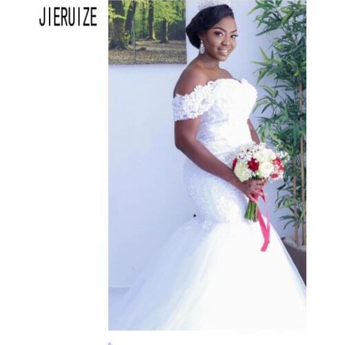 JIERUIZE African Beaded Wedding Dresses Off the Shoulder Appliques Lace Up Back Mermaid Wedding Gowns Princess vestido de noiva