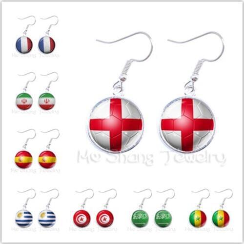 France/England/Iran/Spain/Uruguay/Tunisia National Flag Base Ball Fan Sports Fans Lover Jewelry 2018 Football cup Glass Earrings