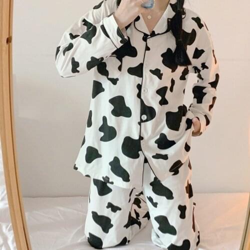 Cow Print Pajamas for Women Cute Nightwear Sleepwear Set Autumn Winter Pyjamas Sets Homewear Pijama Mujer Trousers Ladies