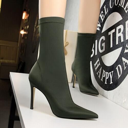 BIGTREE New Ankle Boots Autumn Pointed Toe Stretch Knitting Sock Boots Plus Size High Heels Female Slip On Lady Shoes