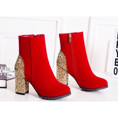 Plus Size 9 10 11-17 boots women shoes ankle boots for women ladies boots Sequined side zipper round head square heel