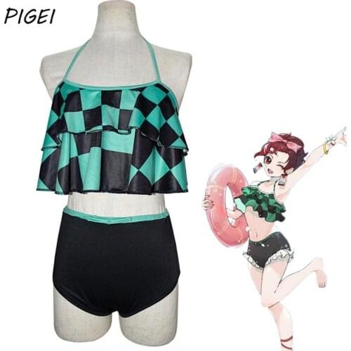 Anime Demon Slayer Kamado Tanjirou Cosplay Swimsuits Girls Summer Tanjiro Green Swimwear Bathing Suits Bikini Beach for Women
