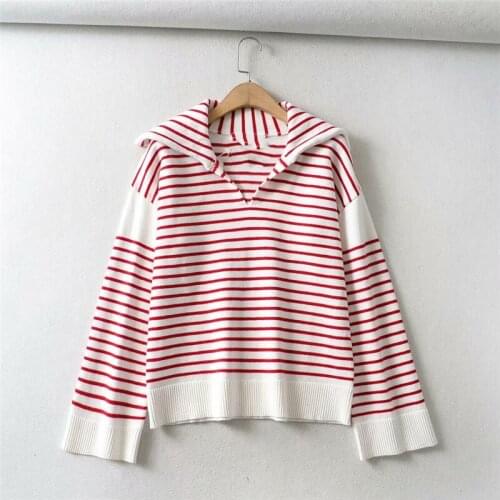 Spring and autumn new style street casual striped knitted V-neck pullover sweater women, slimming long-sleeved sweater women