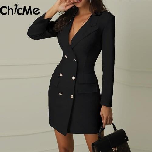 Chicme Women Double Breasted Long Sleeve Black Blazer Dress Notched Neck Elegant Slim Fit Office Lady Workwear Formal Robe Femme
