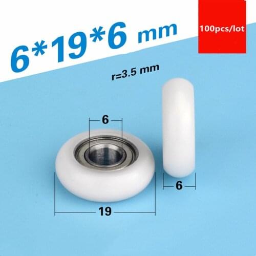 100pcs circular arc Plastic coated bearing 686ZZ 6*19*6mm nylon roller plastic sliding door wheel Roller guide wheel