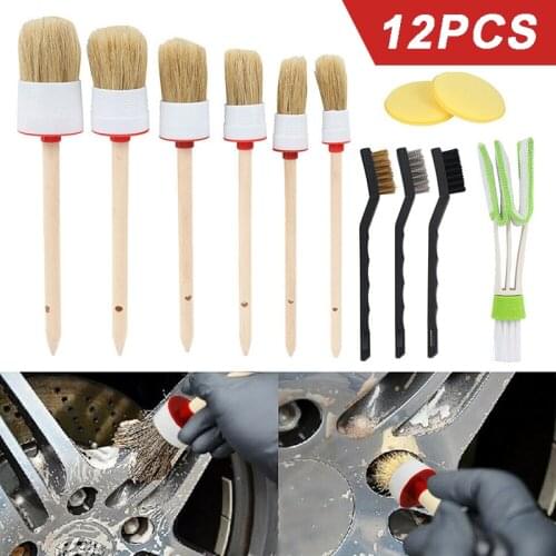 12pcs Car Detailing Cleaning Brush Kit Boar Hair Vehicle Auto Wheel Wash With 6 Different Sizes Anti-slip Wood Handle