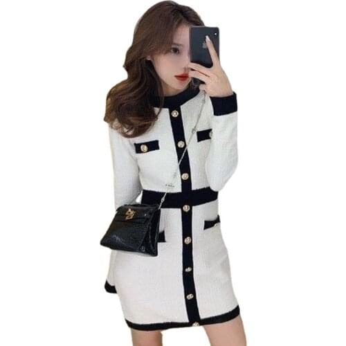 2021 Fashion Korean Style Knitted Dress Winter White Women Knit Bodycon Dress Elegant Long Sleeve Dress Knitwear for Women W83