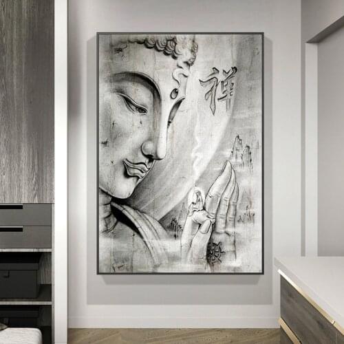 Abstract Black White Religion Buddha Statue Painting on Canvas Scandinavian Posters and Prints Wall art Picture for Living Room