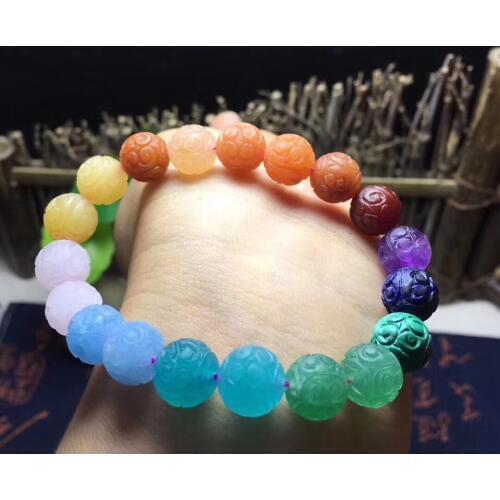 8mm 10mm 12mm Natural Rainbow Different Mixed Stone Amethyst Aquamarine Amazonite Lapis Jasper Carved Beads Bracelet AAAAA