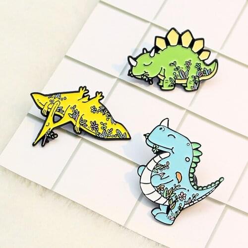 Grass eating dinosaur Enamel Brooch Yellow pterosaur Green Stegosaurus Blue Tyrannosaurus Lapel Pin Plants flowers animal Badge