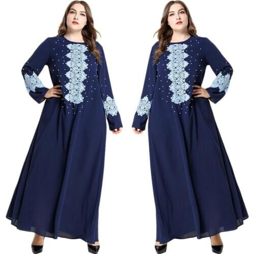 Arab Jilbab Turkish Ramadan Long Dress Elegant Party Beading Embroidery Muslim Women Dubai O-neck Plus Size Loose Casual Robe
