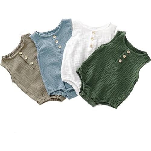 Sleeveless Newborn Baby Romper Solid Buttons Unisex Infant Rompers Jumpsuit