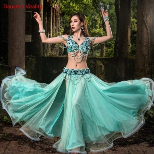 Belly Dance Suit Pearl Diamond-Studded Bra Mesh Split Skirt Performance Set High-End Custom Adult Child Competition Clothing