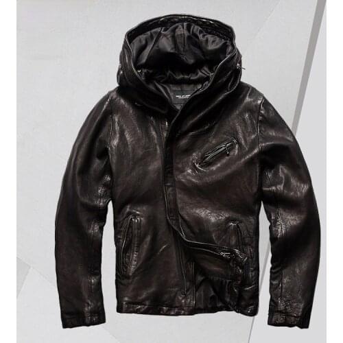 Spring and Autumn Leisure Hooded Genuine Leather Clothes Mens Japanese-Style Retro 2021 New Oblique Zipper Leather Jacket