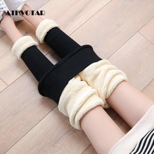 ATHVOTAR Leggings Winter Leggings Women High Waist Stretch Thick Legging Solid Skinny Warm Velvet Pencil Pants