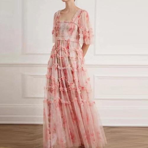 Summer 2021 Chic womens High Quality boat neck flroal print Mesh dress B457