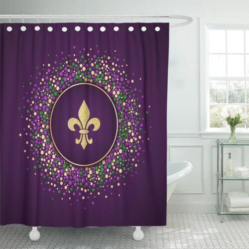 Mardi Gras Holiday Round Dotted Fleur De Lis Suitable Shower Curtains Waterproof Polyester Fabric 60 x 72 inches with Hooks