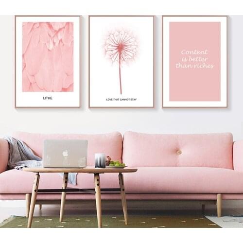 Pink Flower Feather Dandelion Wall Art Canvas Painting Quotes Posters and Prints Wall Decorative Pictures Decor for Living Room