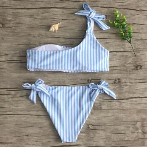 New Women' s Summer Swimsuit Push-up Padded Solid Colors Stripe Beachwear One-Shoulder Bow Tops Two Sides Bow Sexy Swimsuit