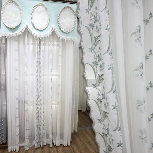 French window bay window small fresh embroidery window screen bedroom living room dining room simple embroidered curtain green