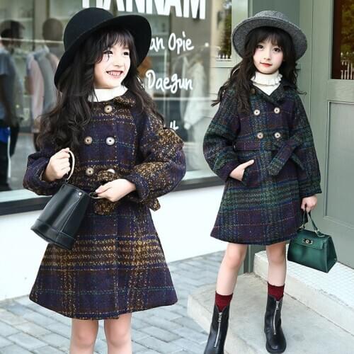 Girls with Thick Woolen Cloth Coat The New Winter 2019 Children Quilted Han Edition Small Grid Coat