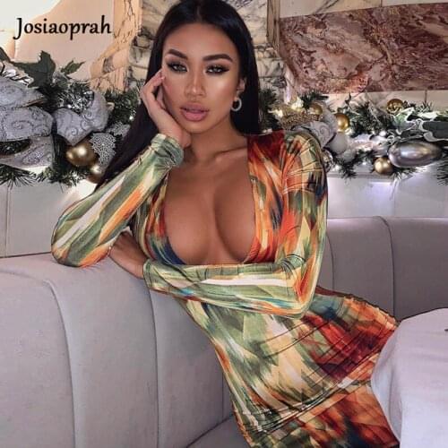 Josiaoprah Sexy Autumn Winter Dress Women Long Sleeve Floral Print Bodycon Party Dress Elegant V Neck Midi Dress Femme Vestido