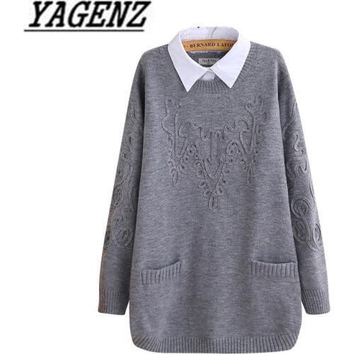 2020 Autumn/Winter Fake Two-piece Pullover Sweater Women Clothing Long-sleeve Loose Knit Sweater Large size Lady Sweaters 4XL