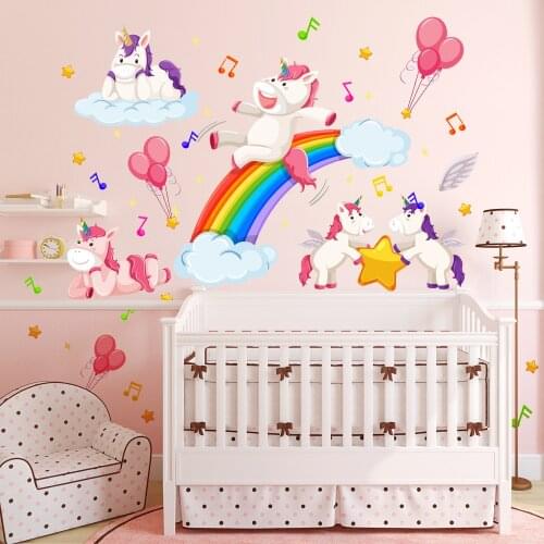 Rainbow Unicorn Wall Sticker Star Animal Sticker Music Balloon Decal for Childrens Room Kindergarten Wallpaper Home Decoration