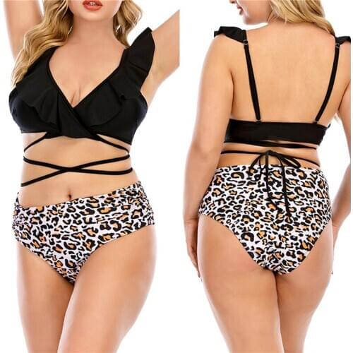 Plus Size Ladies Split Swimwear Set Bikini Set Women Leopard Print Flouncing Lace Up Backless Swimsuit Fashion Bathing Suits