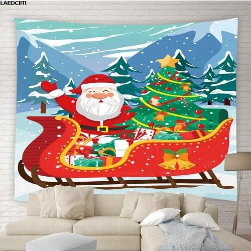 Merry Christmas Tapestry Cartoon Santa Claus Tree Sleigh Winter Background Wall Hanging Child Bedroom Home Decor Holiday Gift