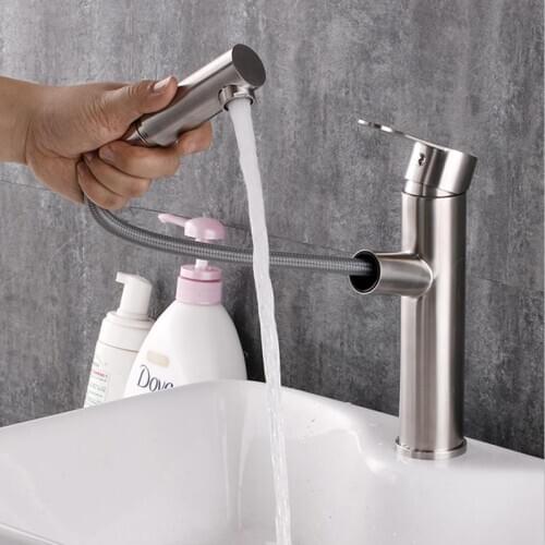 Pull out hot and cold wash basin mixer bathroom faucet 304 stainless steel material flexbile hose