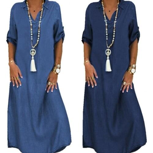 Women Half Sleeve Side Slitting Hem V-neck Loose Long Denim Dress Streetwear for Daily Life