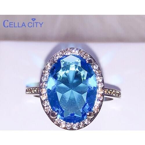 Cellacity Temperament Aquamarine Ring for Women Trendy Silver 925 Jewelry Oval shaped Gemstones Sea Blue Wedding Accessories