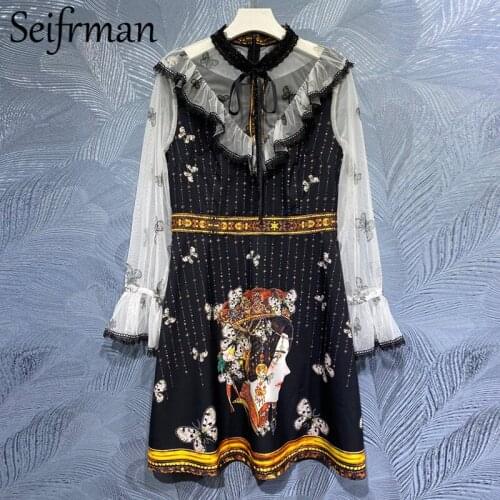 Seifrmann New 2021 Summer Women Fashion Runway Party Short Dress Flare Sleeve Bow Ruffles Vintage Print A-Line Dresses Vestidos