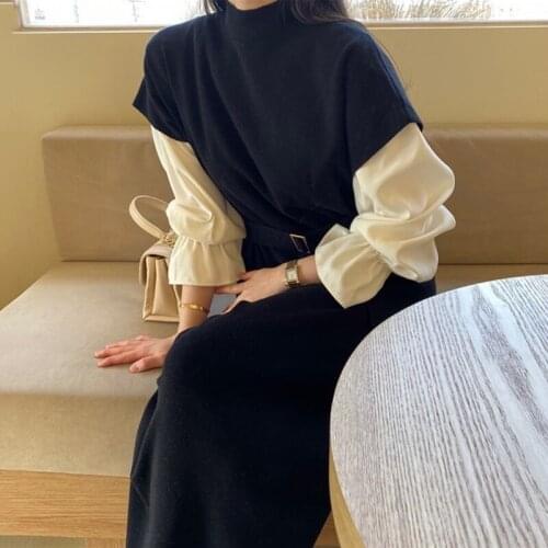 Pinkou Women Stylish Knitted Mini Dress 2 Piece Set Bell Sleeve Bow Tie Belt Spring Autumn Mid Calf Dresses QA22