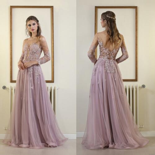 2019 Long Sleeves Evening Dress 2019 Tulle With Appliques Formal Dress Elegant Pink Gown Robe Longue